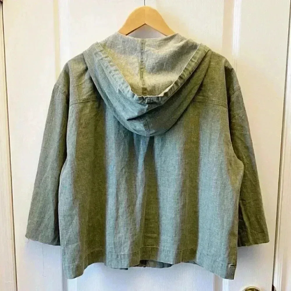 Avon Linen Jacket Cropped Lightweight Spring Fall Hood Olive Green Large - Picture 4 of 16
